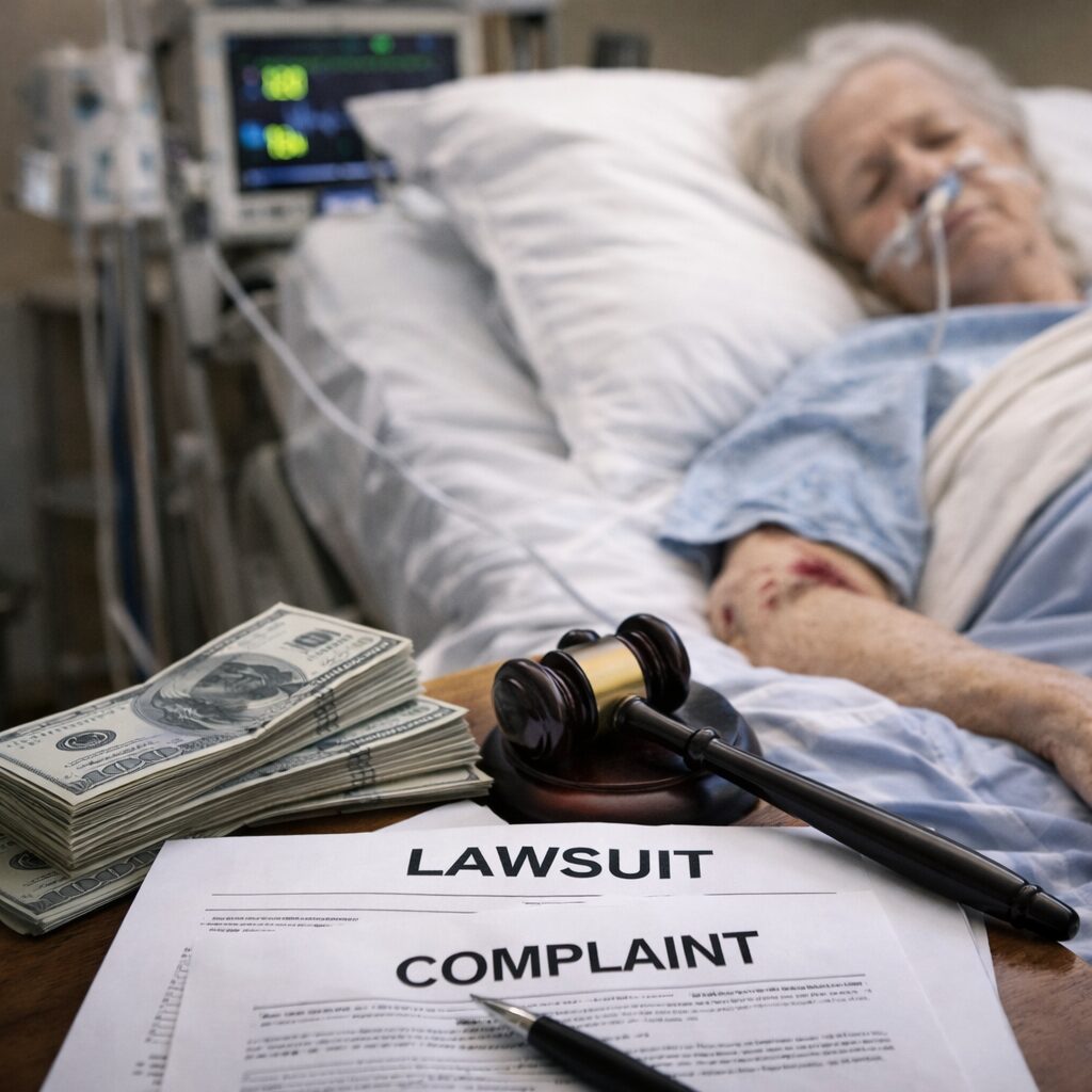 Elderly nursing home resident in hospital bed with legal documents and gavel in foreground