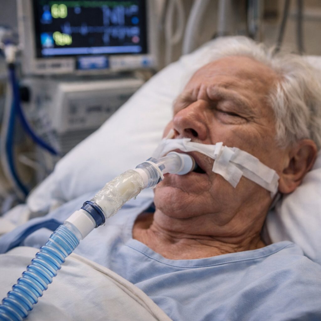 Elderly patient with ventilator breathing tube in nursing home.