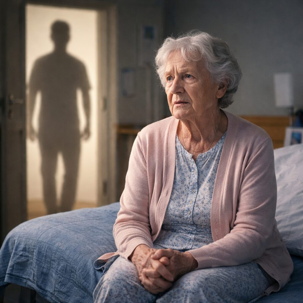 Elderly nursing home resident looking concerned while a shadowy staff figure stands in doorway representing risk of sexual harassment in long-term care facility.