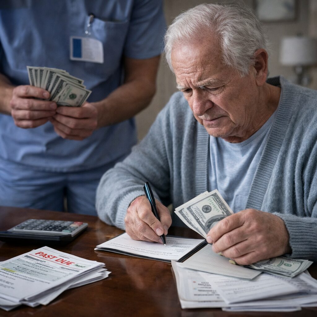 Elderly nursing home resident reviewing bills and money while caregiver stands nearby with money in his hands.