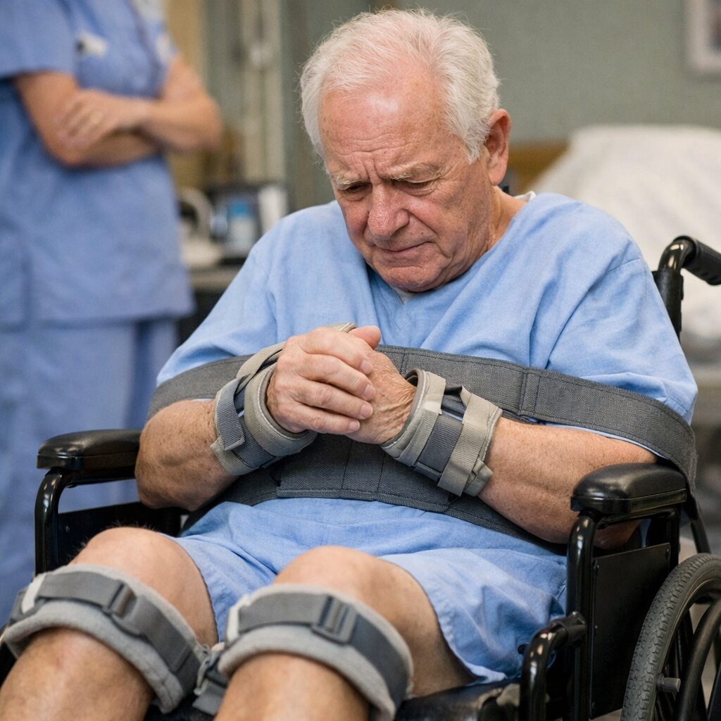 Elderly man at Los Angeles nursing home being unreasonably restrained in wheelchair.