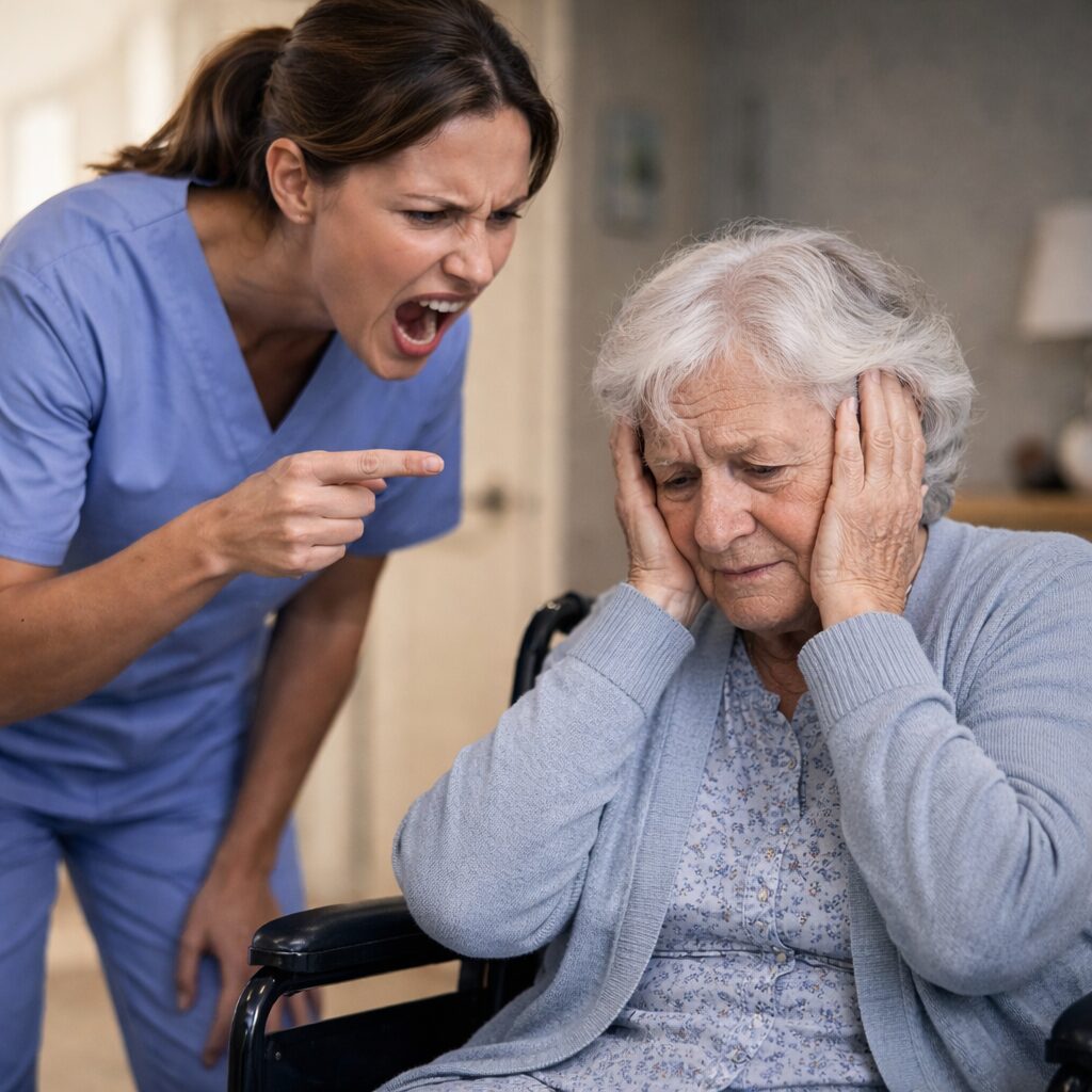 Nursing home caregiver yelling at elderly resident in wheelchair