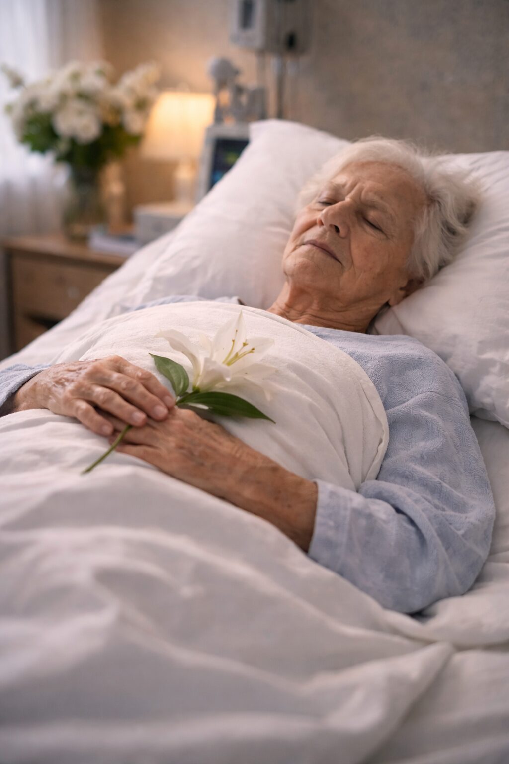 Deceased elderly nursing home resident resting peacefully in bed with flower